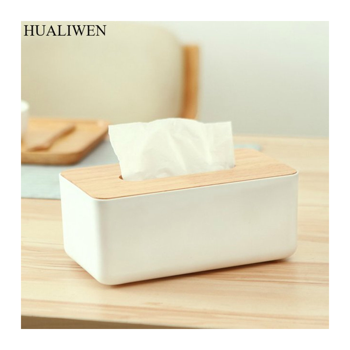 Minimalistische Taschentuchbox mit Holzdeckel in geometrischem Design für Zuhause und Auto - Bild 1