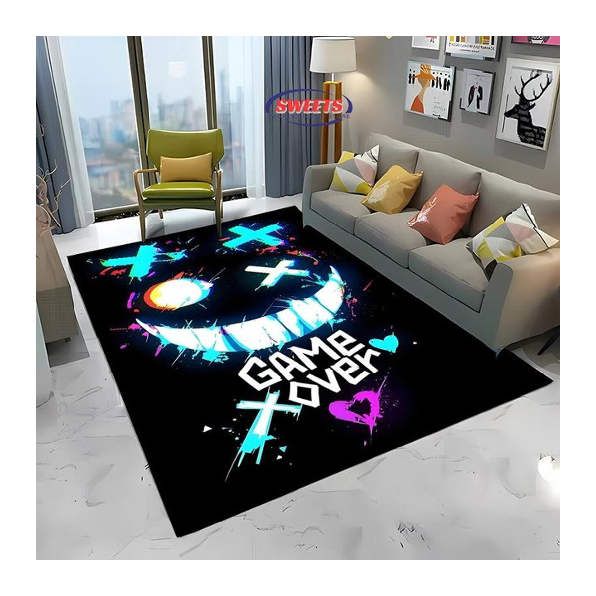 Miniso Druckteppich mit 3D HD Neon Graffiti Design in Schwarz und Multicolor, rutschfest, B/T: 60 x 40 cm - Bild 1