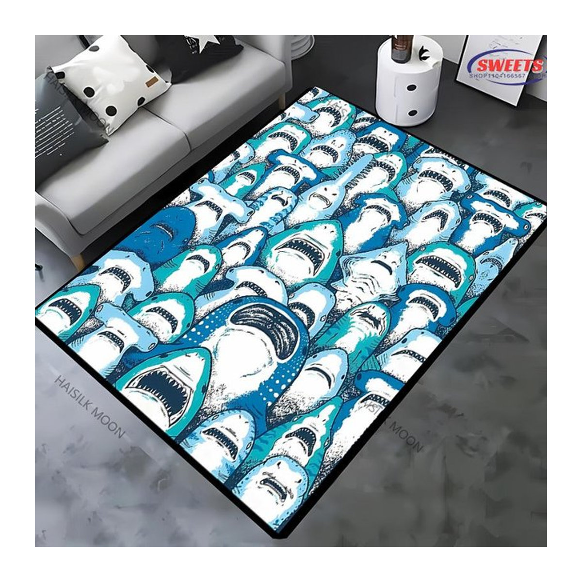 Miniso Druckteppich mit Hai-Motiv in Multicolor, rutschfeste Spielmatte für Kinderzimmer und Wohnzimmer, Breite: 60 cm, Tiefe: 40 cm - Bild 1