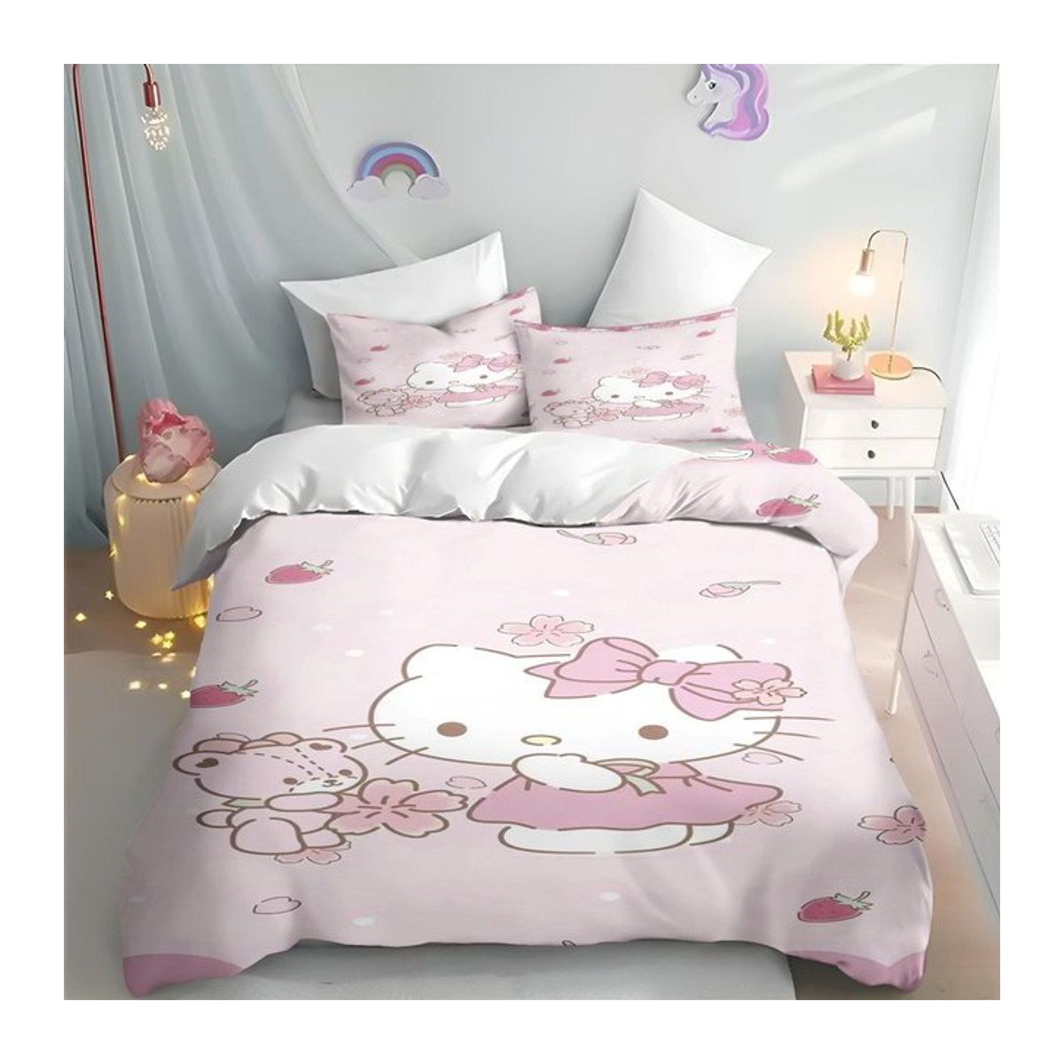 MINISO Hello Kitty Bettwäsche-Set mit Bettbezug und Kissenbezug für Kinder in Pink, B/B: 135 x 200 cm, 3-teilig - Bild 1