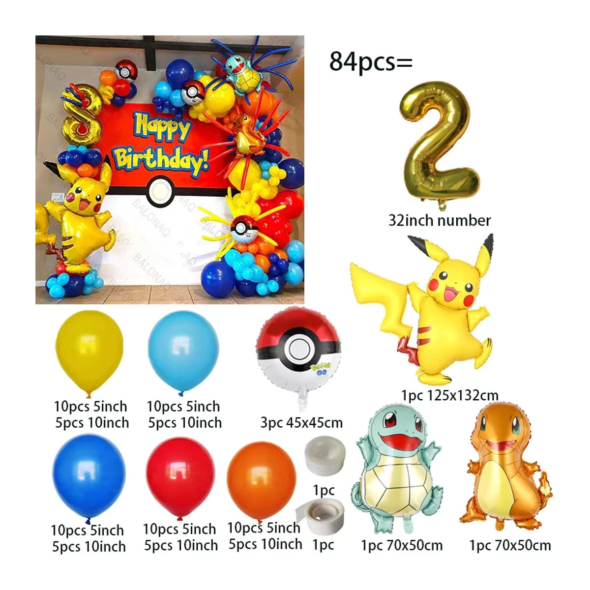 MINISO Pokemon Luftballon Girlande Bogen Kit mit 84 Stück für Kindergeburtstage, mehrfarbig - Bild 2