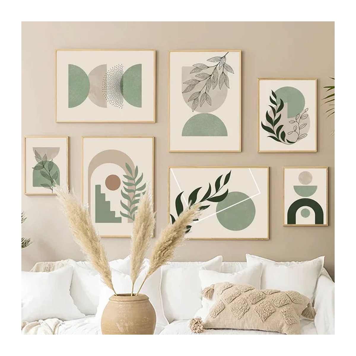 MINISO Wandkunst Leinwand mit abstraktem geometrischem Blätter und Sonne Motiv im Bohemian Stil, Farbe Beige, Hochformat - Bild 1