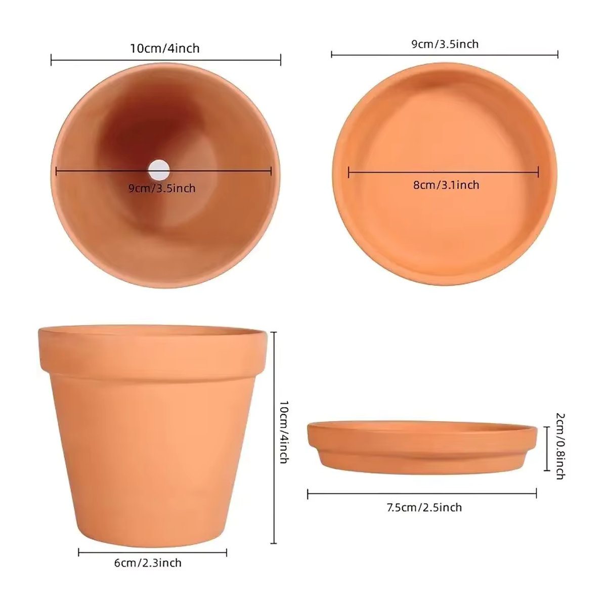 MINITAKING Terrakotta-Töpfe Set aus Ton mit Untertassen und Ablaufloch, 4er-Pack, Farbe: Rot, Durchmesser: 10,2 cm - Bild 2