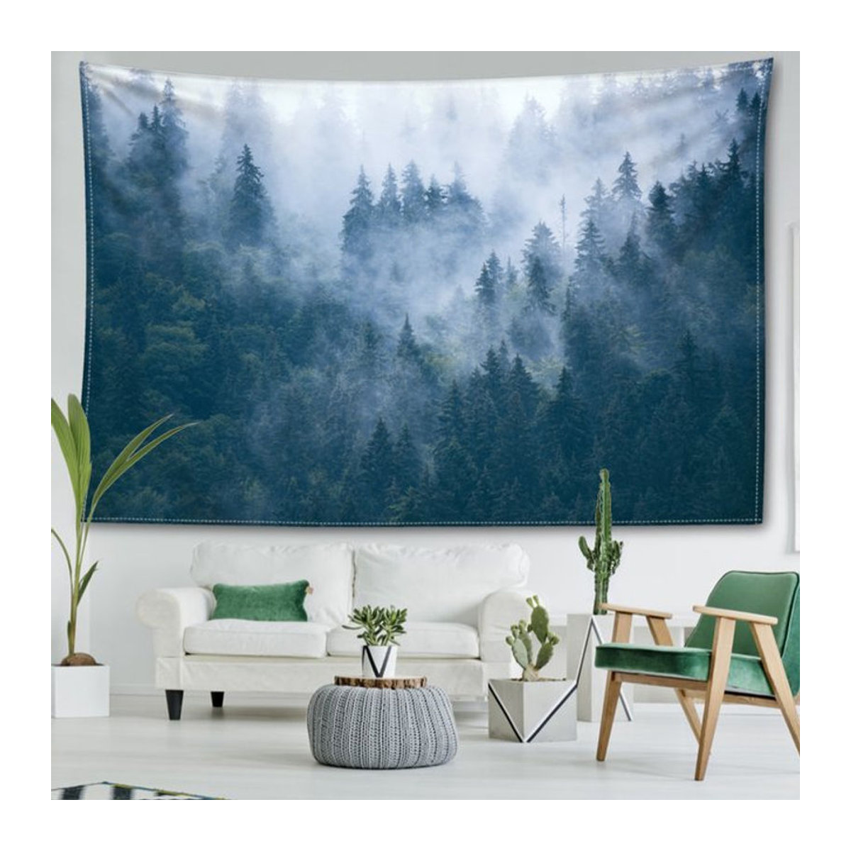 Misty Forest Wandteppich in Blau – Boho Landschaft Wandbehang als Textil-Dekoration - Bild 1