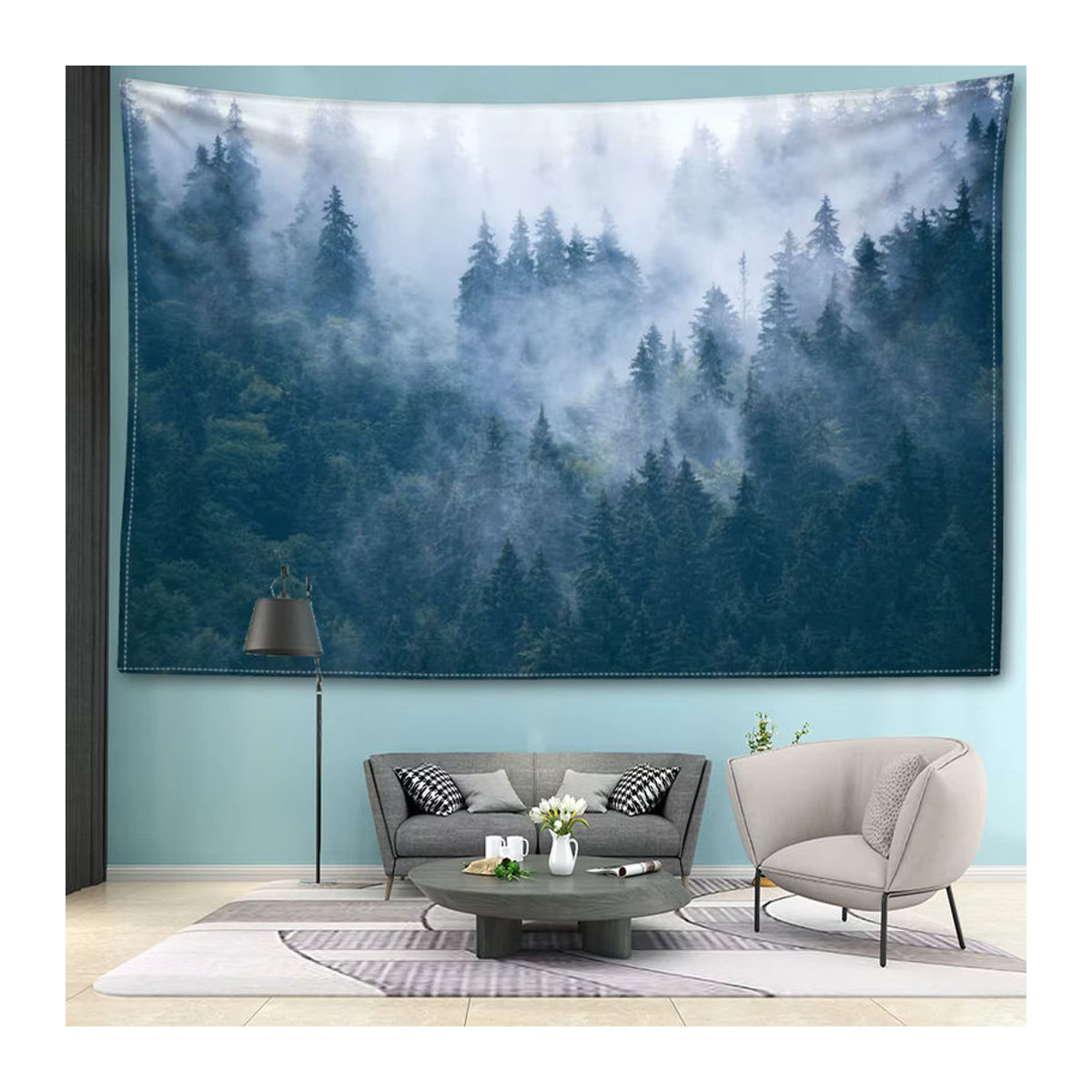 Misty Forest Wandteppich in Blau – Boho Landschaft Wandbehang als Textil-Dekoration - Bild 2