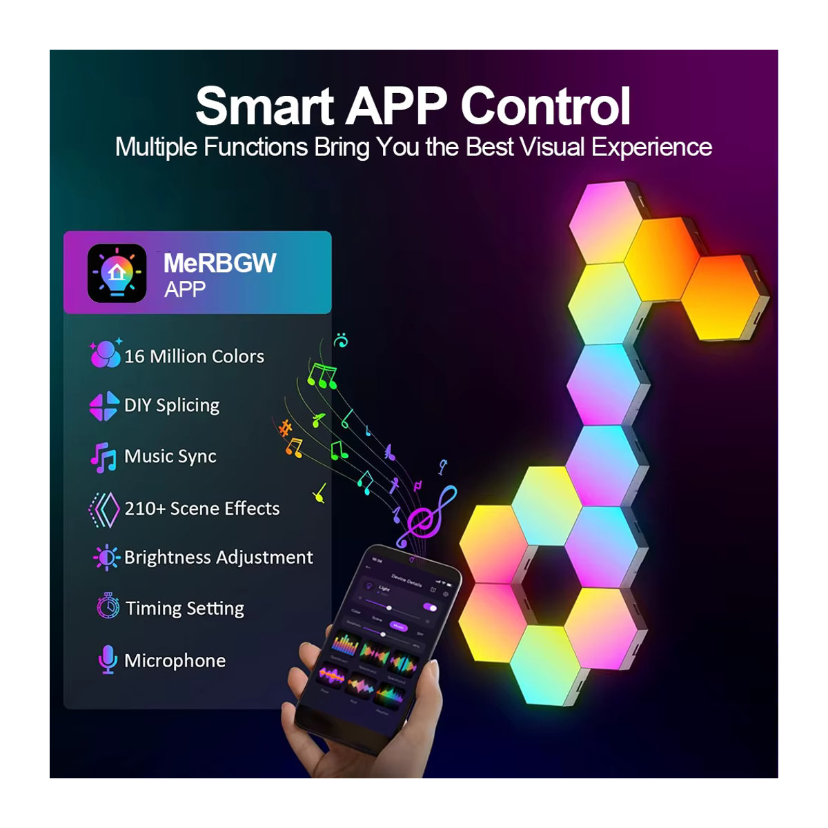 mixxar ZK30 RGB Smart Sechseckige Wand Lampe Bunt Modern mit App-Steuerung und Musik-Rhythmus-Funktion - Bild 3