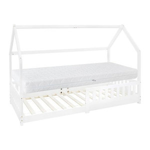 ML-Design Kinderbett Hausbett aus Kiefernholz in Weiß inklusive Matratze und Lattenrost mit Rausfallschutz und Dach, B: 90 cm, L: 200 cm, Matratzenhöhe: 16 cm