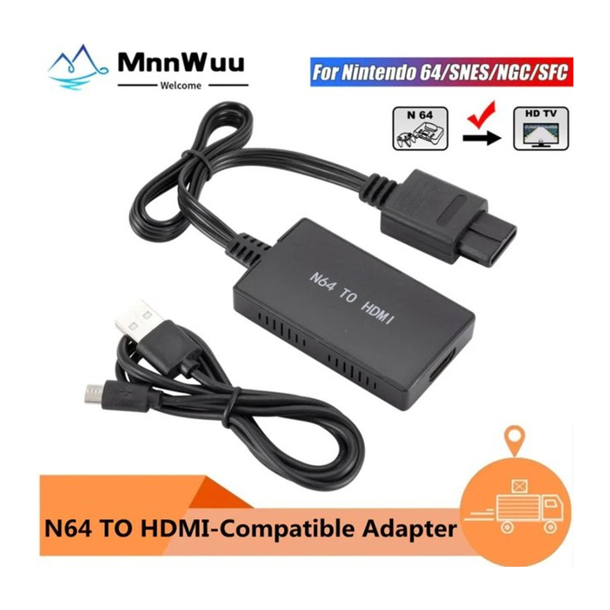 MnnWuu N64 zu HDMI Konverter Adapter für Nintendo 64, NGC und SNES in Schwarz, 720P/1080P Plug und Play HD Kabel - Bild 1