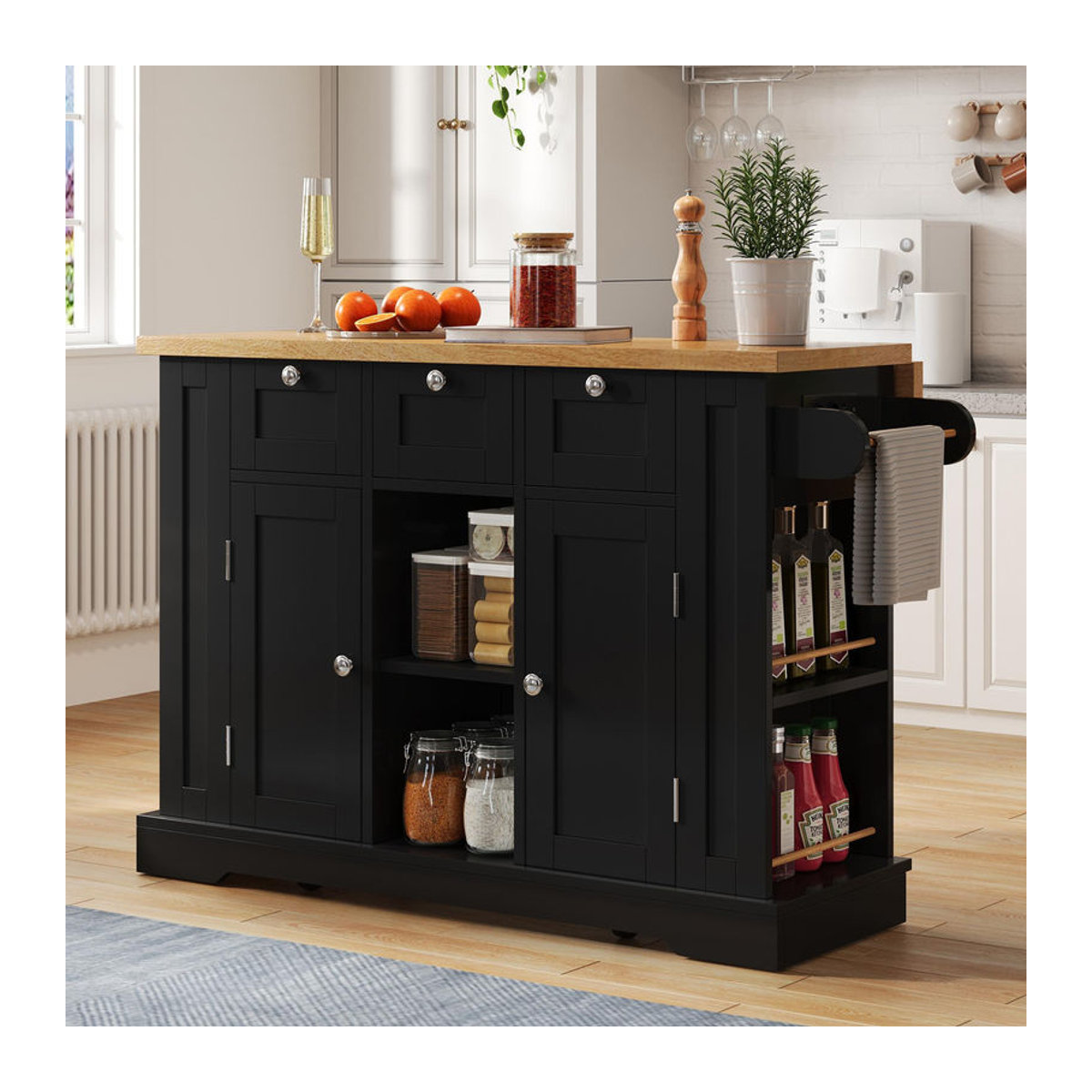 Mobile Kücheninsel von TG Electrical DE in Schwarz im Landhausstil mit klappbarer Arbeitsplatte, drei Schubladen und zwei Schrankfächern, B/T/H: 132 x 40/70 x 87 cm - Bild 2