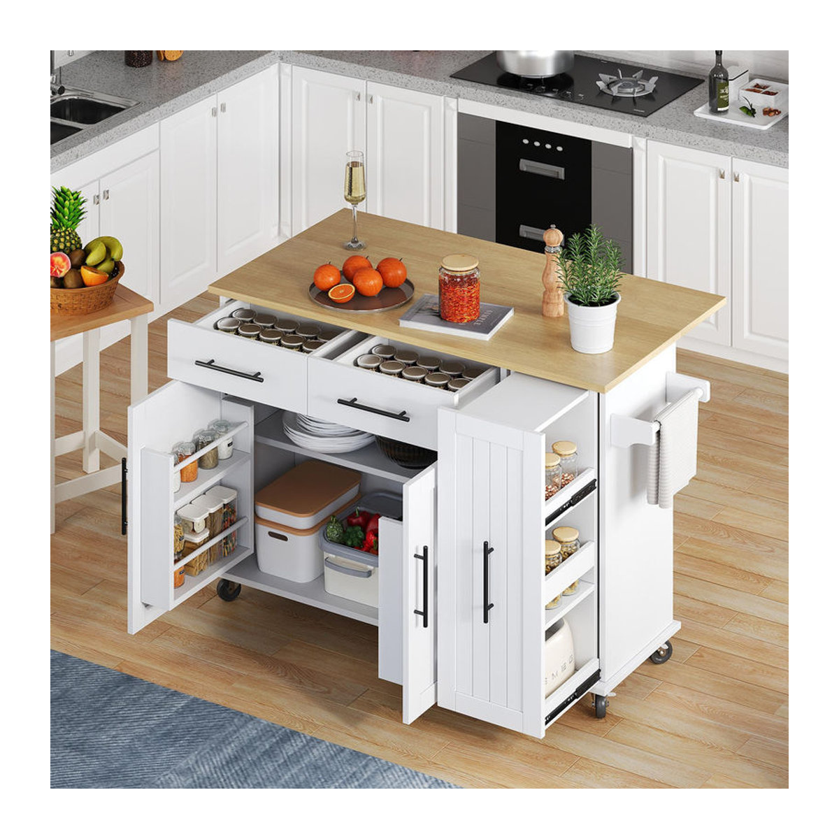 Mobile Kücheninsel von TG Electrical DE in Weiß und Natur mit ausklappbarer Arbeitsplatte und 3-stufigem ausziehbarem Schrank-Organizer, B/T/H: 120 x 40/65 x 90 cm - Bild 2
