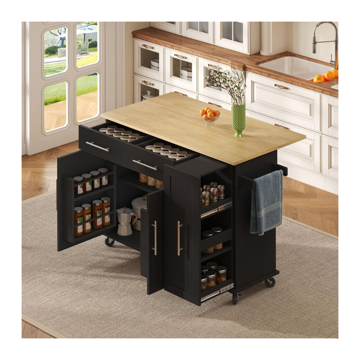 Mobile Kücheninsel von TG Electrical DE mit ausklappbarer Arbeitsplatte und 3-stufigem ausziehbarem Schrank-Organizer in Schwarz und Naturfarbe, B/T/H: 120 x 40/65 x 90 cm - Bild 2