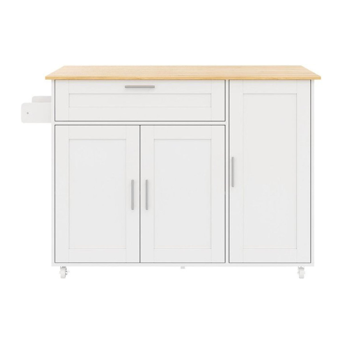 Mobiler Küchentisch von TG Electrical DE im Landhausstil mit ausklappbarer Arbeitsplatte, Schublade, Gewürzregal und Handtuchhalter, Weiß und Natur, B/T/H: 132,5 x 44/70 x 90 cm - Bild 1