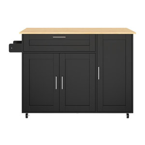 Mobiler Küchentisch von TG Electrical DE in Schwarz und Natur mit ausklappbarer Arbeitsplatte, Schublade, Gewürzregal und Handtuchhalter im Landhausstil, B/T/H: 132,5 x 44/70 x 90 cm