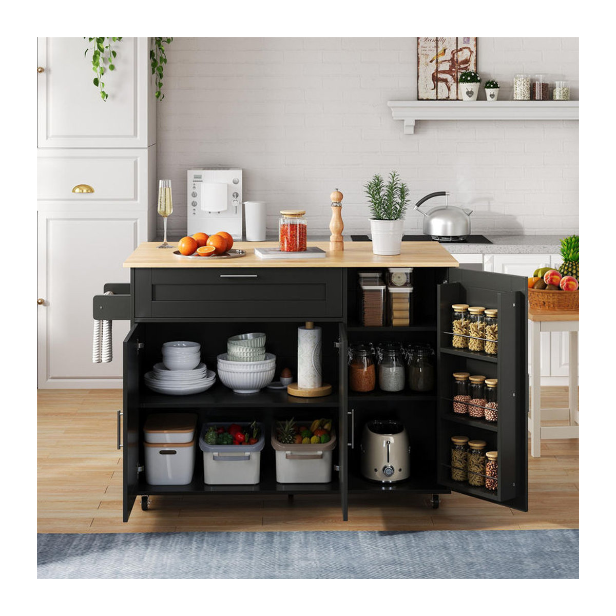 Mobiler Küchentisch von TG Electrical DE in Schwarz und Natur mit ausklappbarer Arbeitsplatte, Schublade, Gewürzregal und Handtuchhalter im Landhausstil, B/T/H: 132,5 x 44/70 x 90 cm - Bild 2