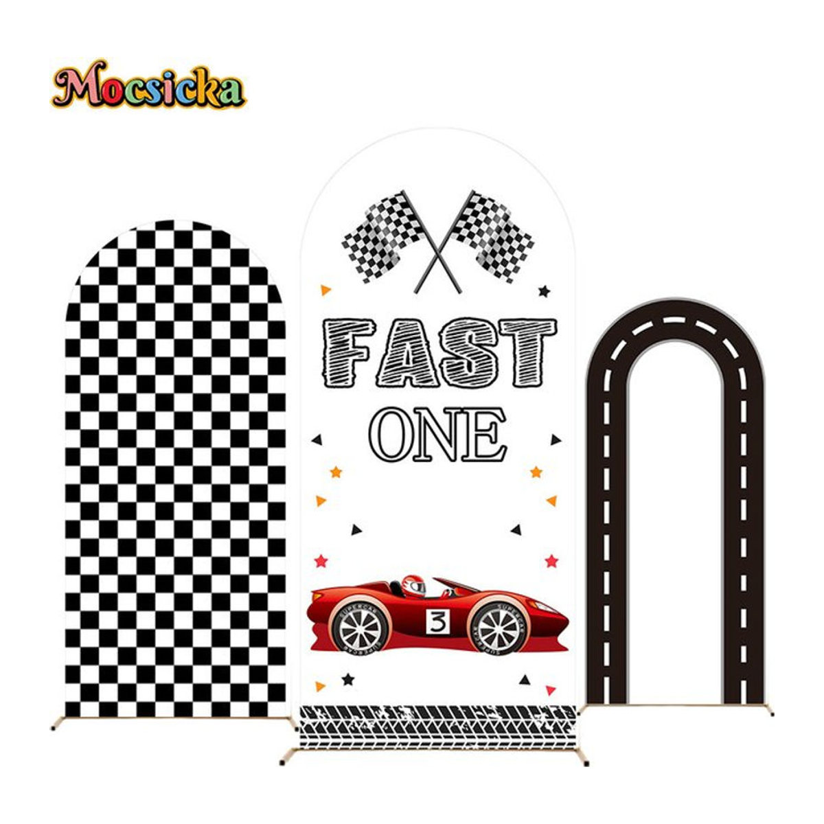 MOCSICKA Racer Boy Geburtstag Party Hintergrund mit Racing Panel und kariertem Design in Schwarz Weiß Rot - Bild 1