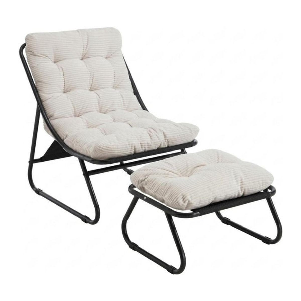 Modern Outdoor-Lounge-Sessel mit Hocker und Polsterkissen in Schwarz/Weiß mit Stahlrahmen und Mesh-Gewebe - Bild 1
