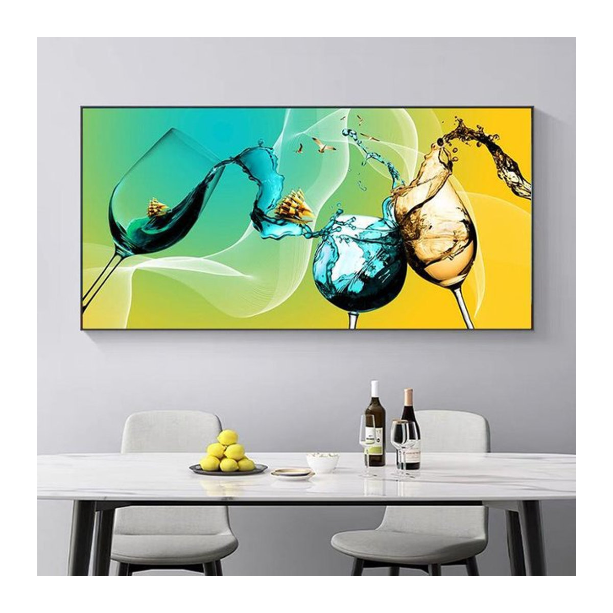 Moderne abstrakte Leinwandmalerei von iaidegou-7 mit Weinglas, Boot und Schmetterling in Gold und Lila, Wandkunst im Querformat, Rahmenlos, B: 40 cm, H: 20 cm - Bild 1