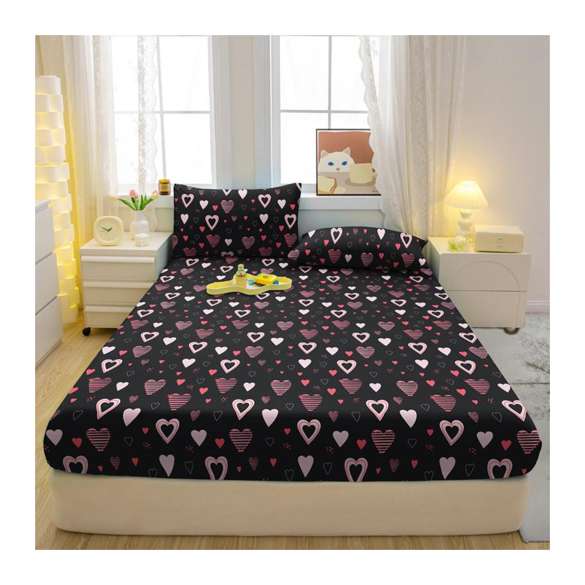 Moderne Bettwäsche mit Herz-Print: Weiches Spannbettlaken und Matte Bettdecke für dein Schlafzimmer, B/T: 132 x 71 cm - Bild 1