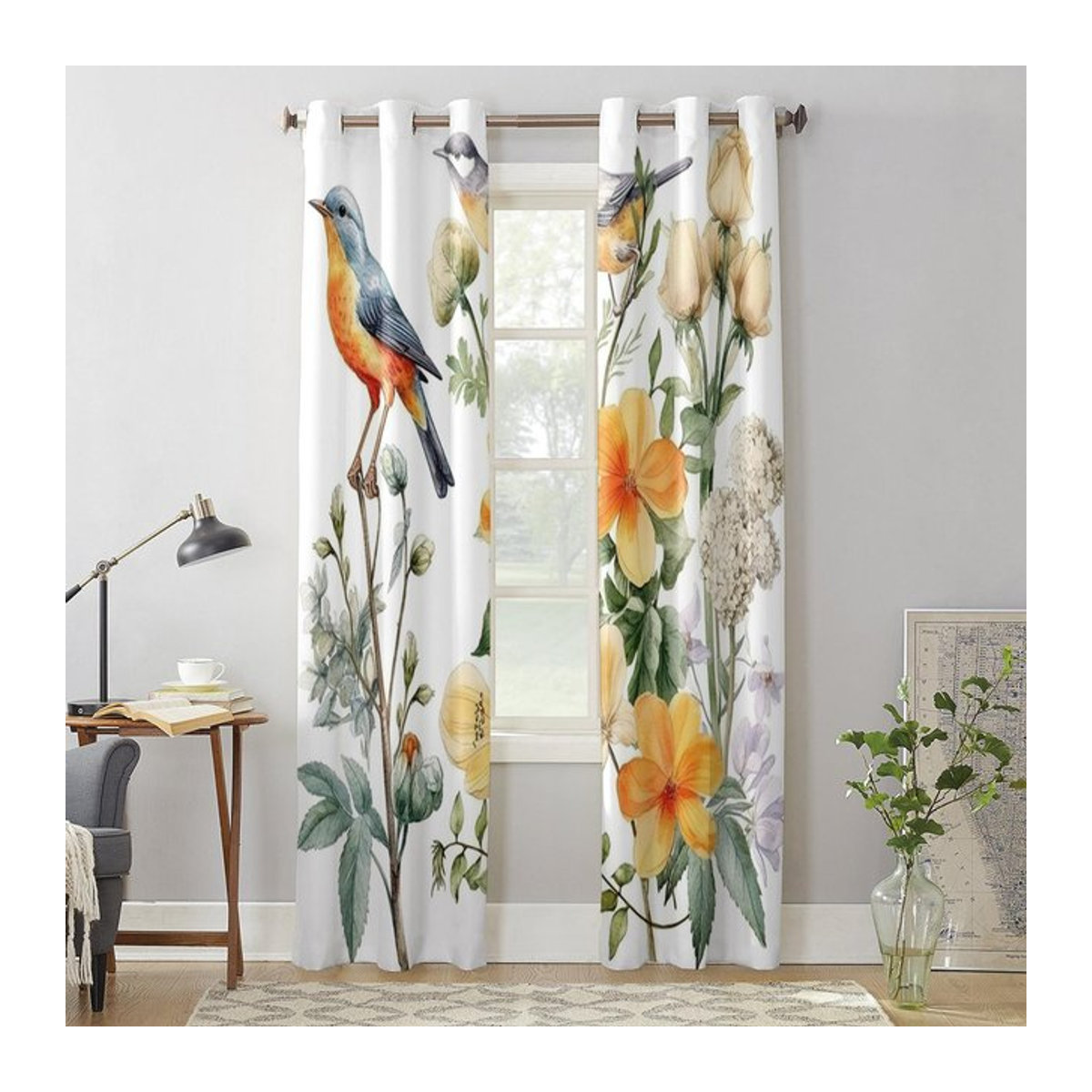 Moderne Fenstervorhänge mit Blumen, Vögeln und Blättern im Aquarell-Design, transparente Voile Gardine für Wohnzimmer, Schlafzimmer oder Küche, Breite: 135 cm, Höhe: 60 cm - Bild 1