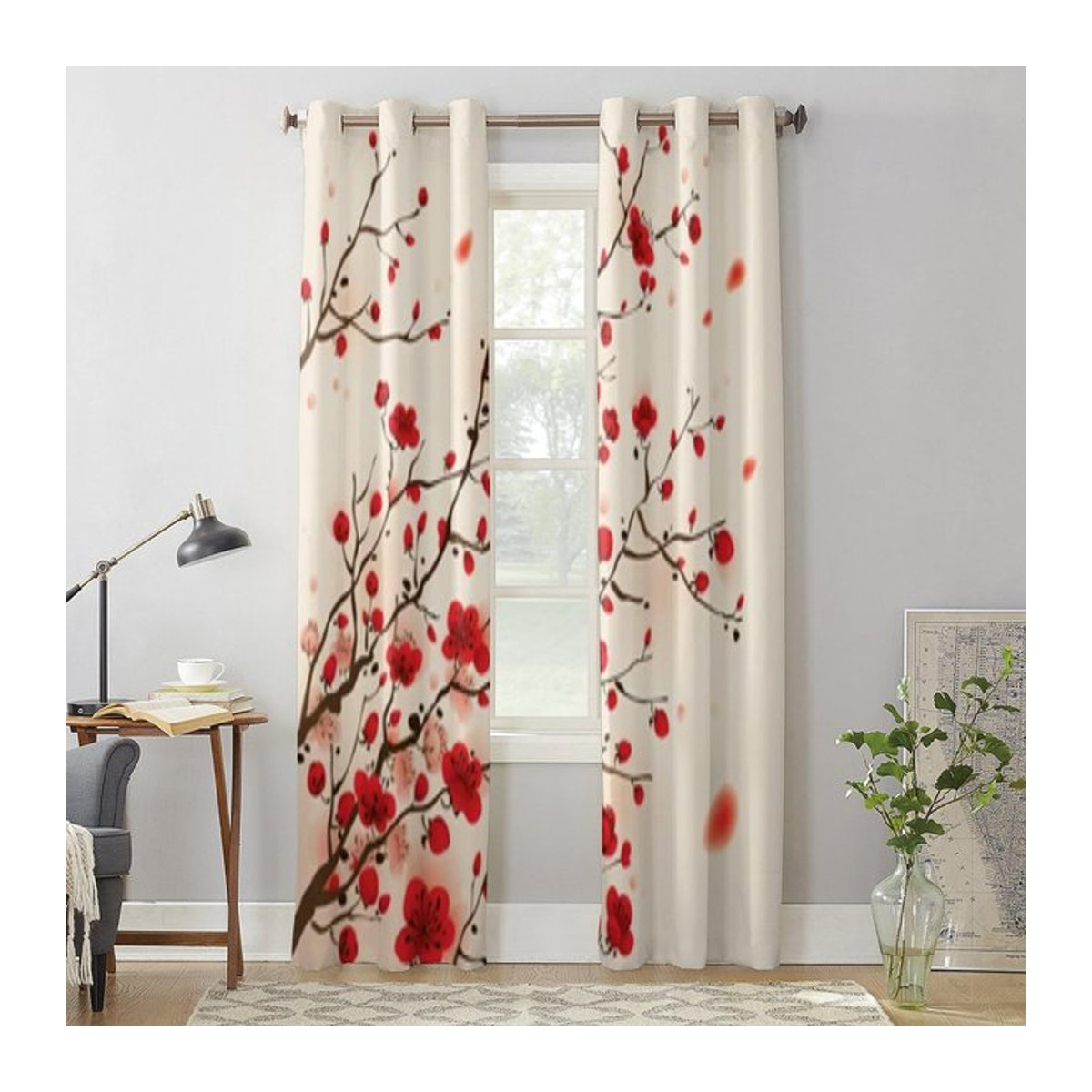Moderne halbtransparente Fenstervorhänge mit Pflaumenblüten-Motiv für Wohnzimmer und Küche, Breite: 135 cm, Höhe: 60 cm - Bild 1