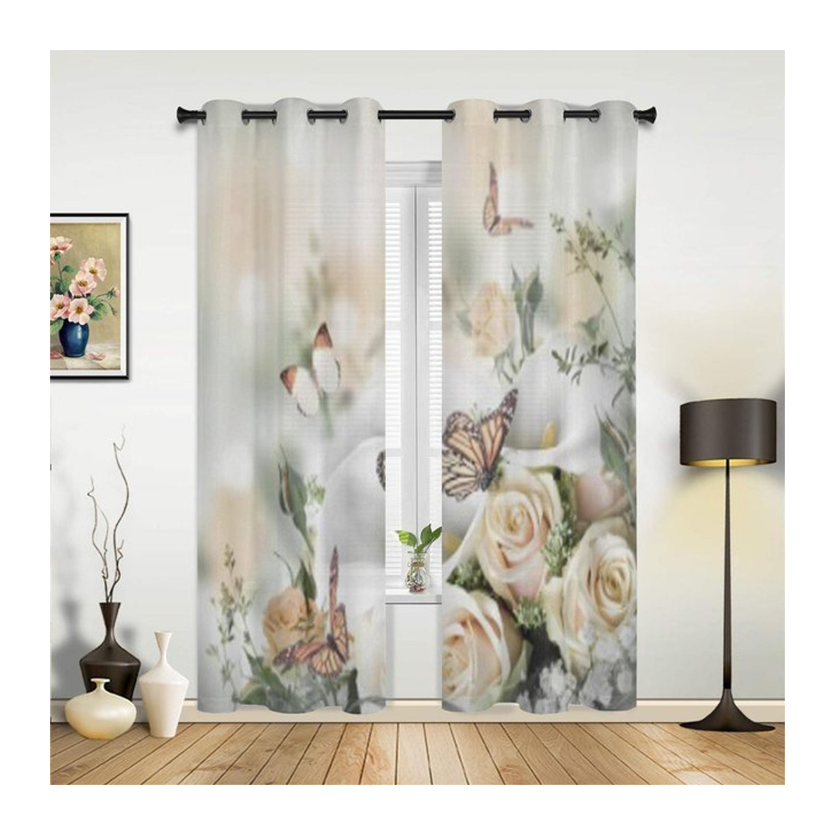 Moderne halbtransparente Fenstervorhänge von Binchi Outdoor Equipment mit gelben Rosen und Schmetterlingen, Breite: 135 cm, Höhe: 60 cm - Bild 1