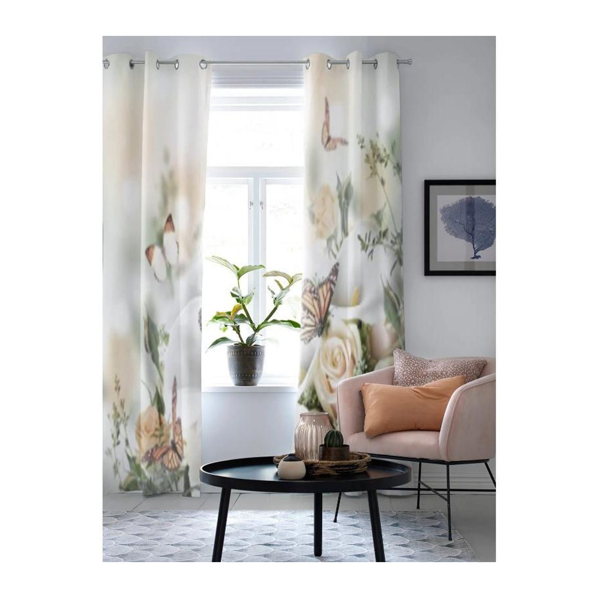 Moderne halbtransparente Fenstervorhänge von Binchi Outdoor Equipment mit gelben Rosen und Schmetterlingen, Breite: 135 cm, Höhe: 60 cm - Bild 3