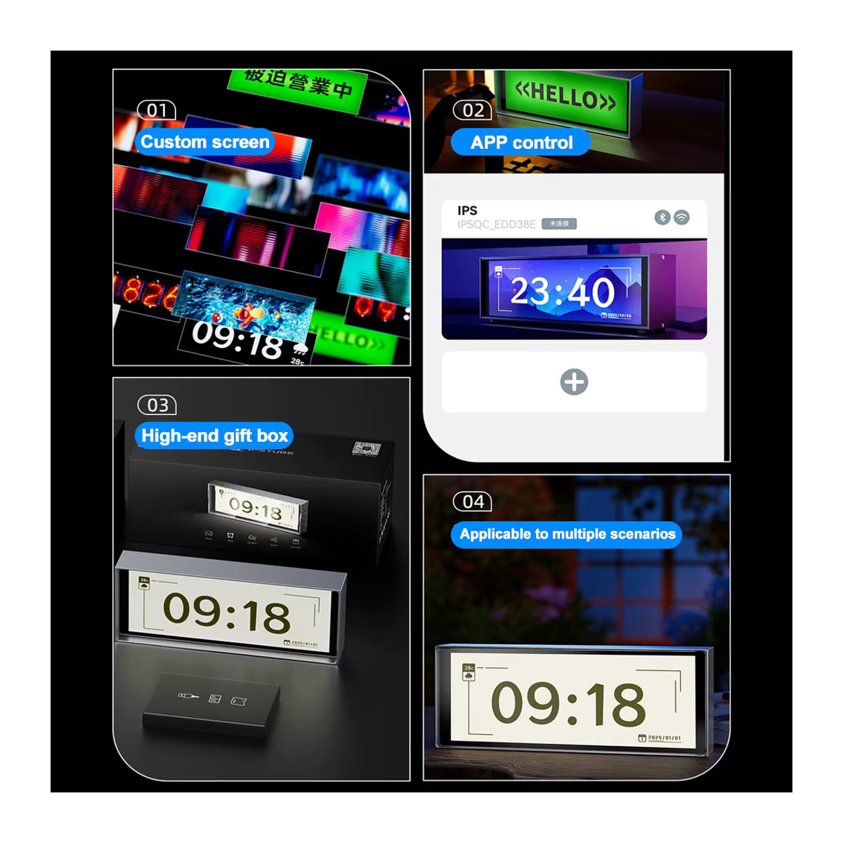 Moderne Intelligente Quanten-Digitaluhr mit LED-Beleuchtung und App-Steuerung, Schwarzer Rechteckiger Bilderrahmen für Heim, Büro und Gaming-Raum, Tischaufstellung aus Kunststoff, B/T/H: 16,5 x 6,5 x 6,2 cm - Bild 4