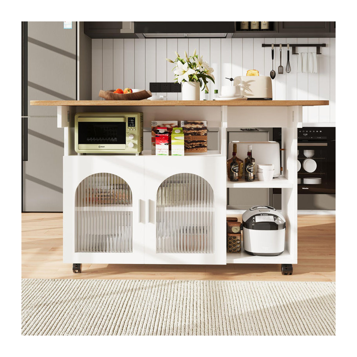 Moderne Kücheninsel FC als multifunktionaler Servierwagen mit Stauraum und Glastürschränken, B/T/H: 120 x 30 x 79,5 cm, Weiß und Naturfarbe - Bild 2