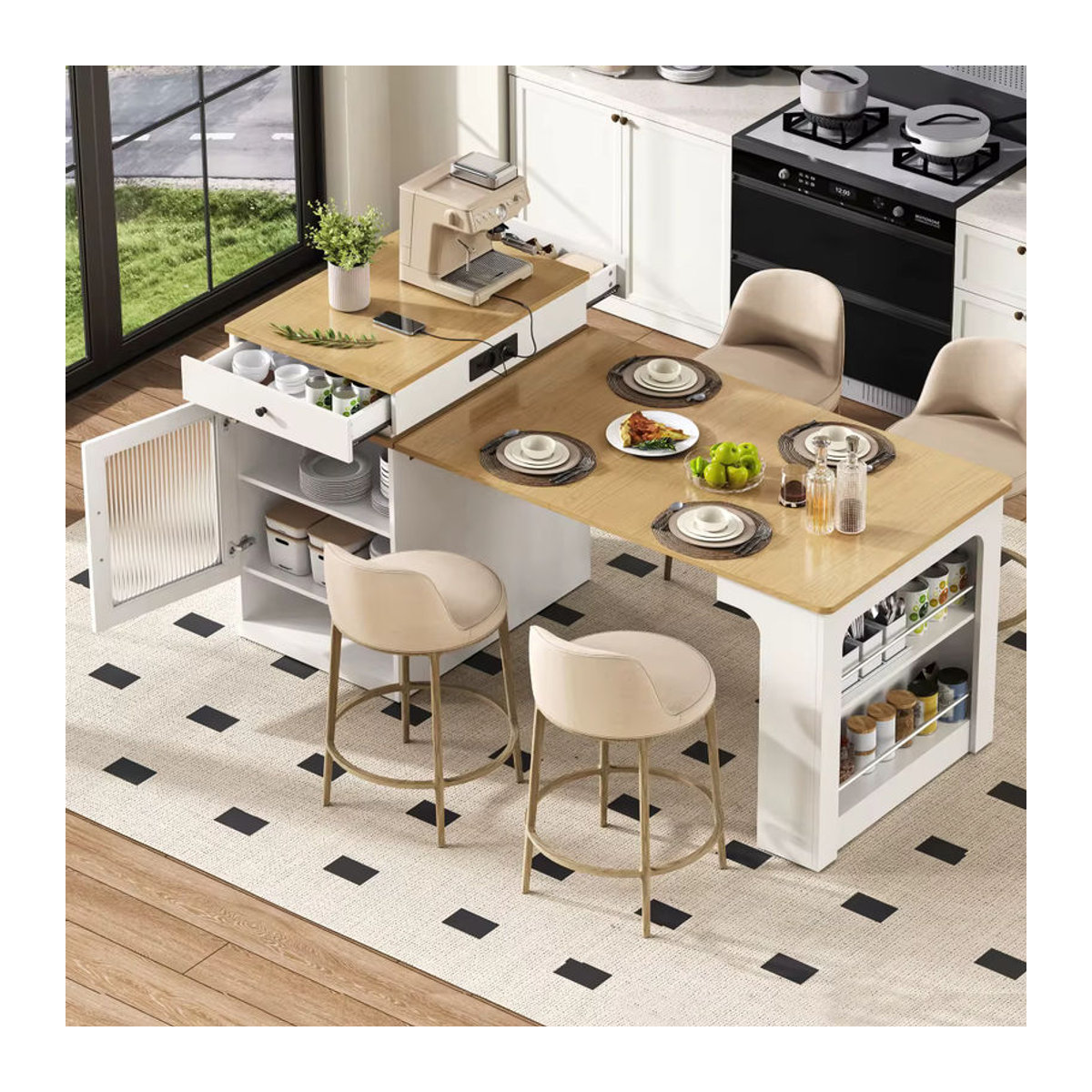 Moderne Kücheninsel mit Rollen und ausziehbarem Esstisch, inklusive abnehmbarer Arbeitsplatte und Steckdosenstangen, als Sideboard oder Stehtisch erhältlich in Weiß, Schwarz/Weiß oder Eiche Natur - Bild 1