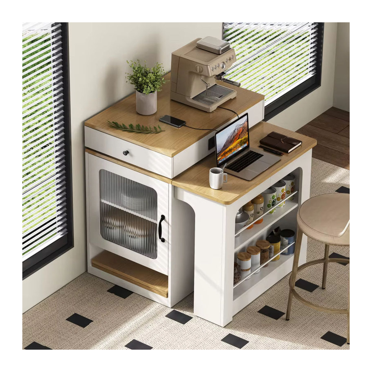 Moderne Kücheninsel mit Rollen und ausziehbarem Esstisch, inklusive abnehmbarer Arbeitsplatte und Steckdosenstangen, als Sideboard oder Stehtisch erhältlich in Weiß, Schwarz/Weiß oder Eiche Natur - Bild 2