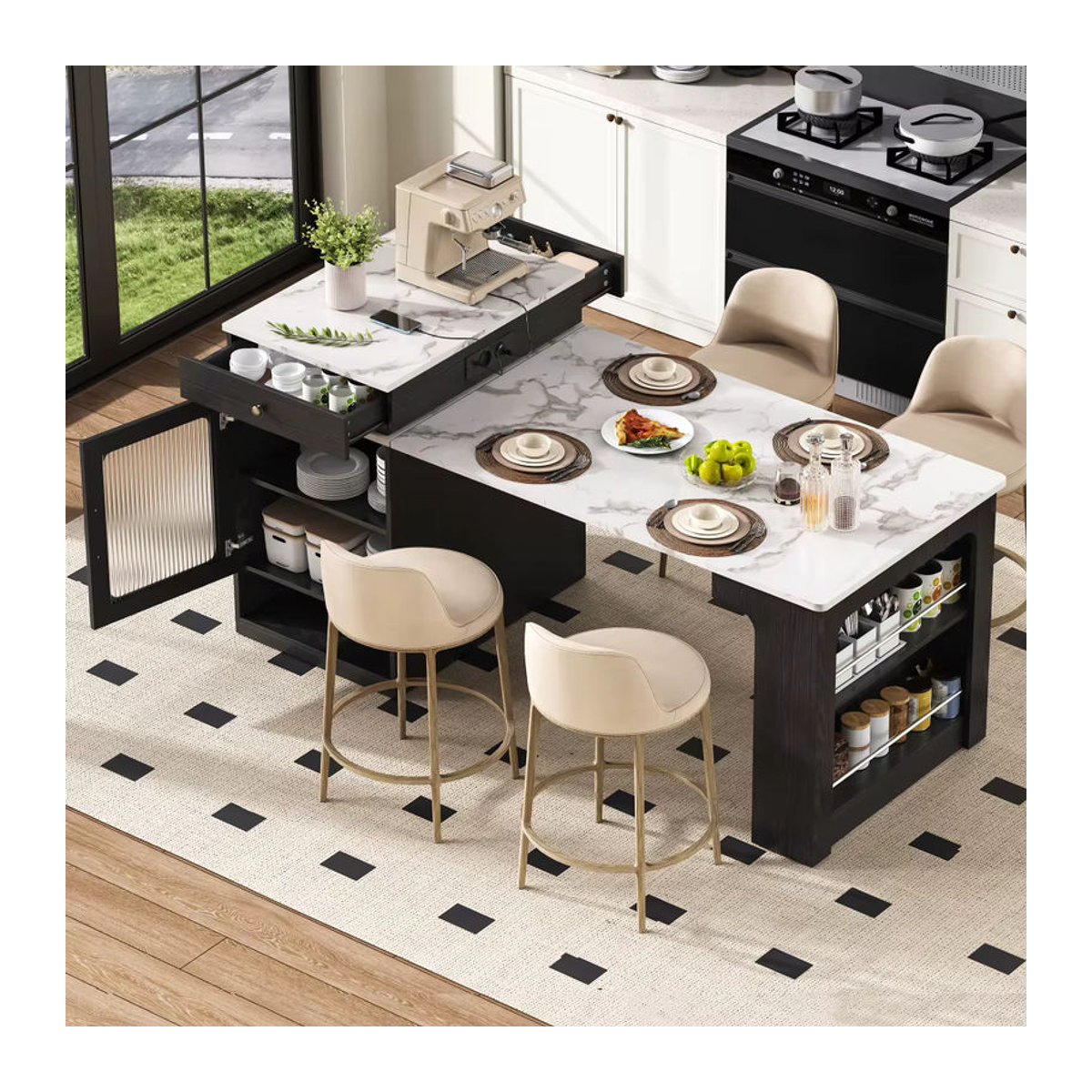 Moderne Kücheninsel mit Rollen und ausziehbarem Esstisch, inklusive abnehmbarer Arbeitsplatte und Steckdosenstangen, als Sideboard oder Stehtisch erhältlich in Weiß, Schwarz/Weiß oder Eiche Natur - Bild 4