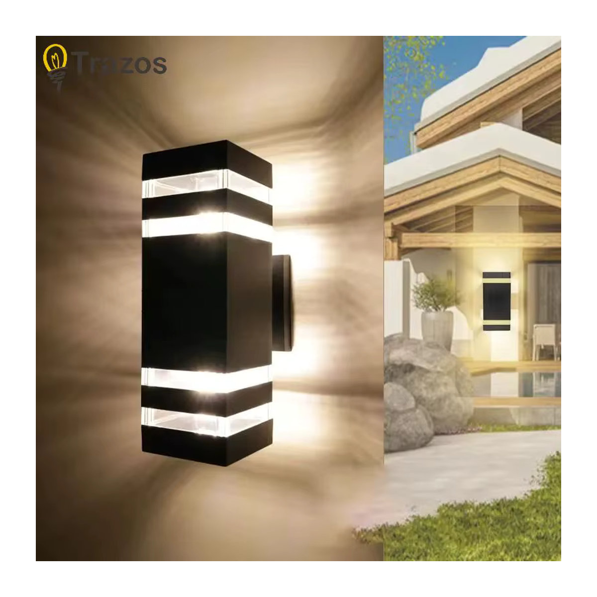 Moderne LED Außenwandleuchte von TRAZOS in Schwarz, wasserdichte quadratische Wandlampe aus Kunststoff mit E27 Fassung - Bild 1