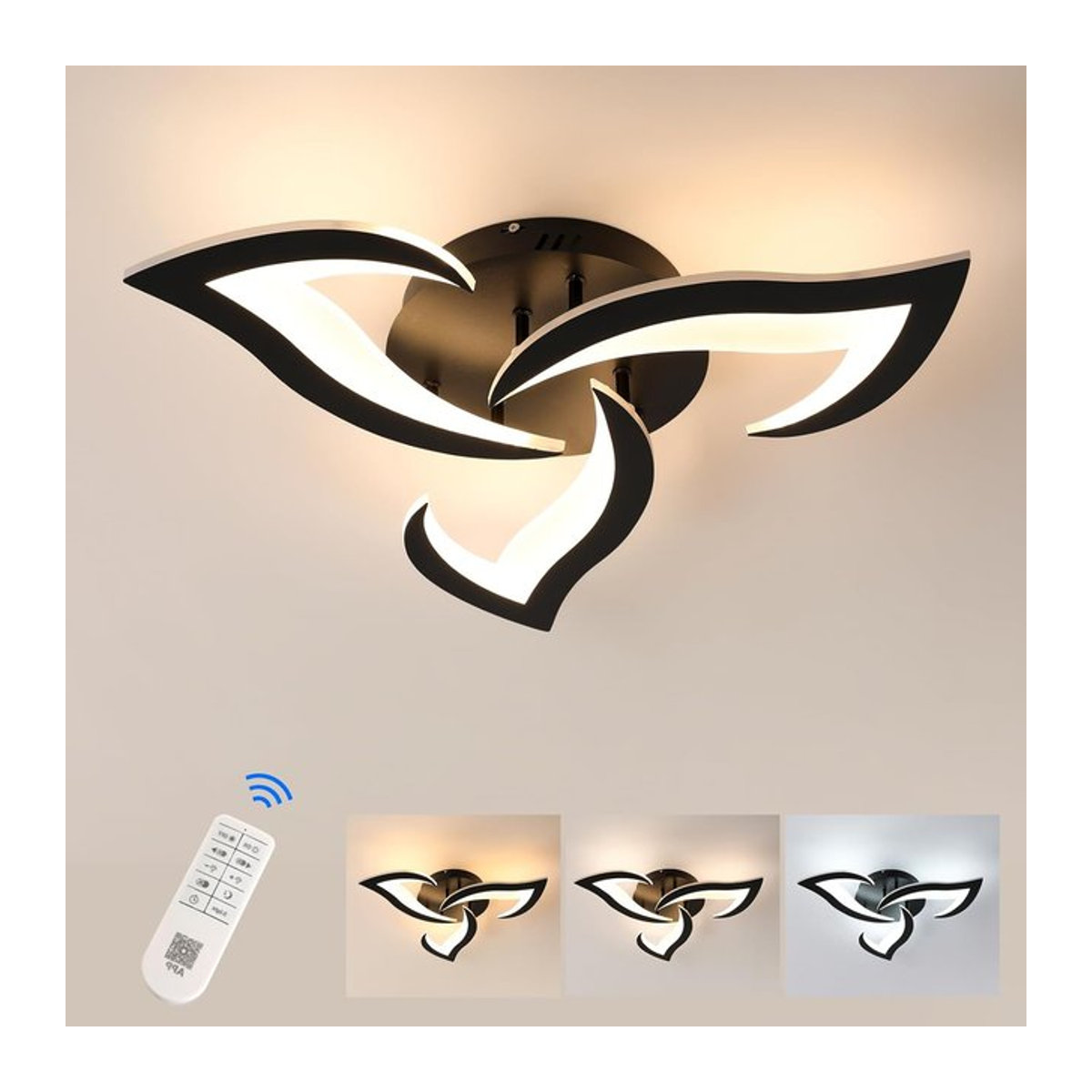 Moderne LED-Deckenlampe in Blumenform aus Acryl, Schwarz/Weiß, 35W, dimmbar mit Fernbedienung, Farbtemperatur 3000K-6500K - Bild 1