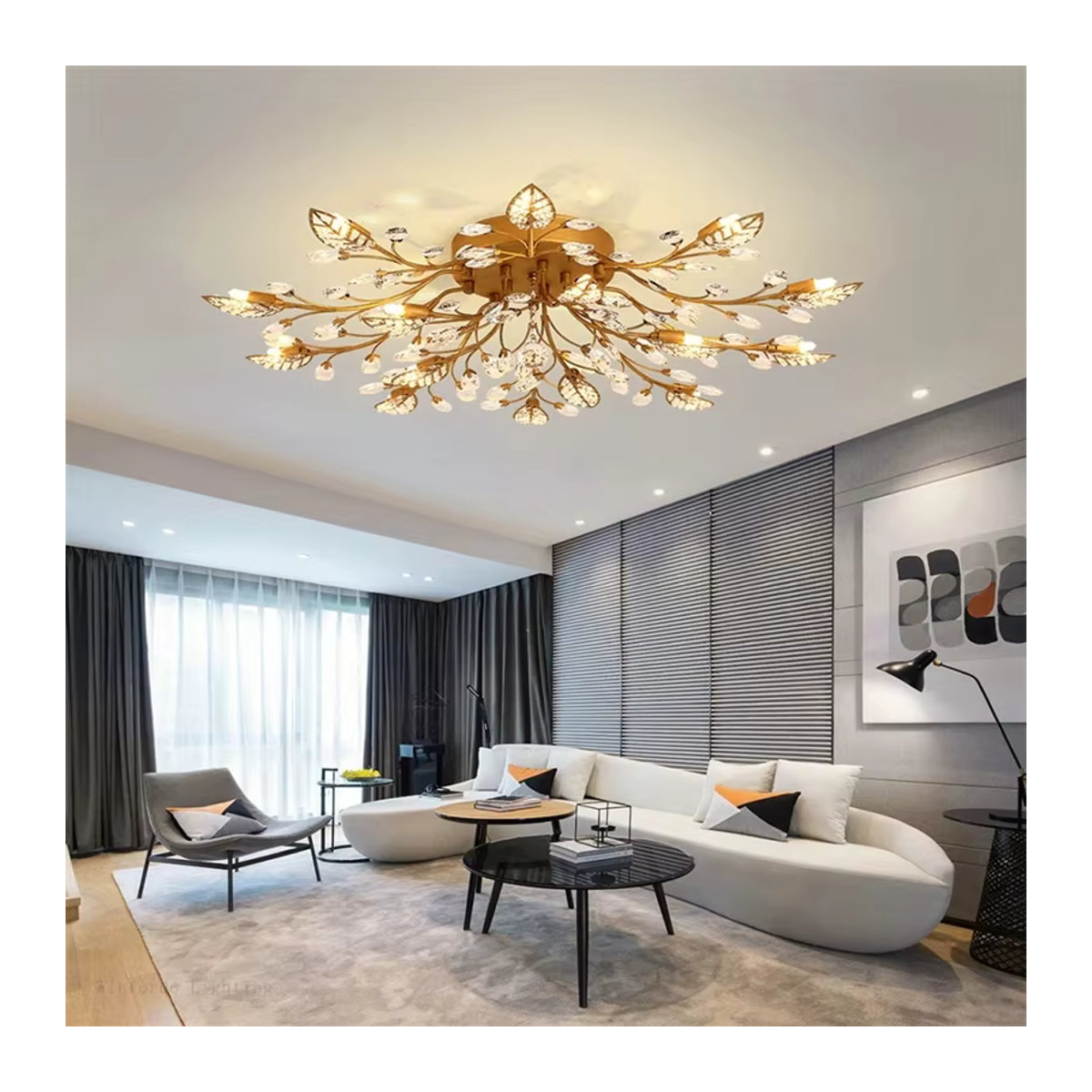 Moderne LED Deckenlampe von xiuxiu aus Kristall in Schwarz und Gold mit Blätter-Design - Bild 4