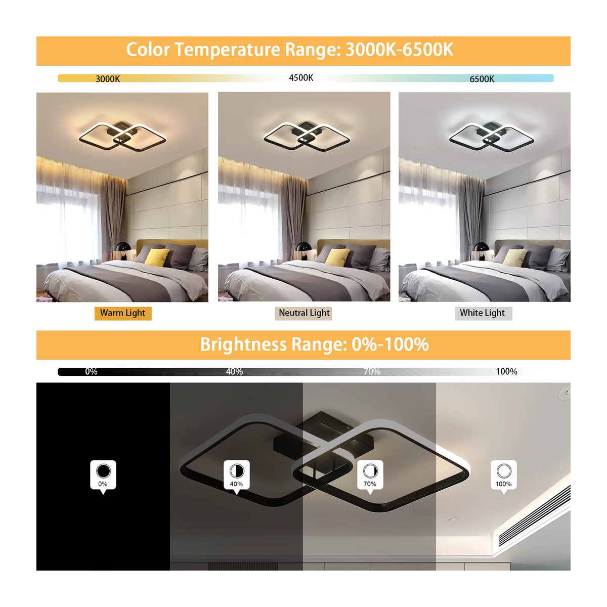 Moderne LED-Deckenleuchte in Schwarz mit Fernbedienung, 50 W, 5600 lm, dimmbarer LED-Kronleuchter aus Acryl mit einstellbarer Helligkeit und Farbtemperatur 3000 K–6500 K - Bild 6