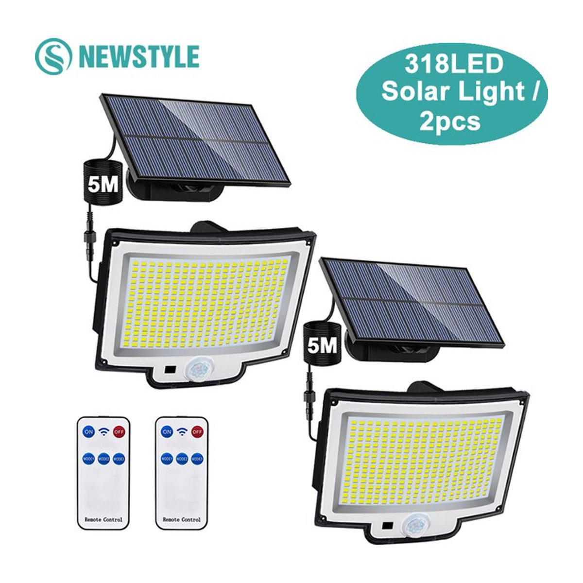 Moderne LED-Solarleuchte für den Außenbereich mit 348 LEDs, IP65 wasserdicht, Bewegungsmelder und 3 Modi, Schwarz - Bild 1