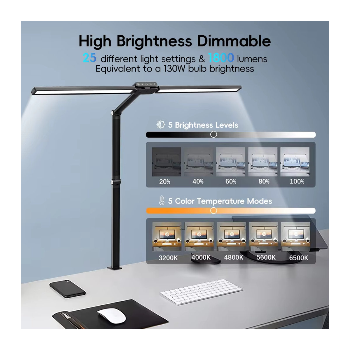 Moderne LED-Tischlampe in Schwarz mit 2 Köpfen, stufenloser Dimmung und Memory-Timer-Funktion, 1800 lm, Farbtemperatur 3200 K bis 6500 K zur Augenpflege - Bild 2