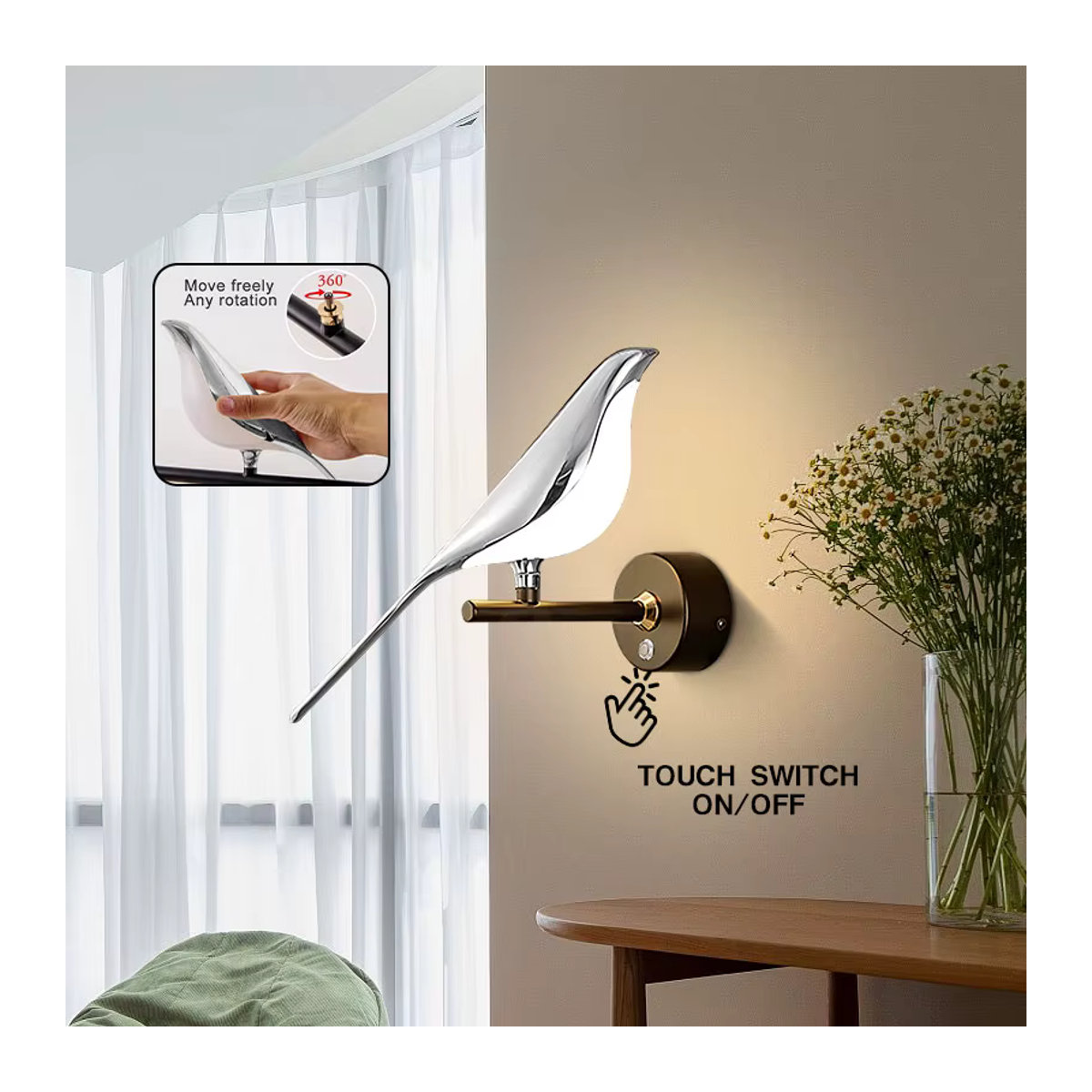 Moderne LED Wandleuchte in Schwarz mit 350 Grad Drehbarkeit und Touch-Schalter für Schlafzimmer und Esszimmer - Bild 3