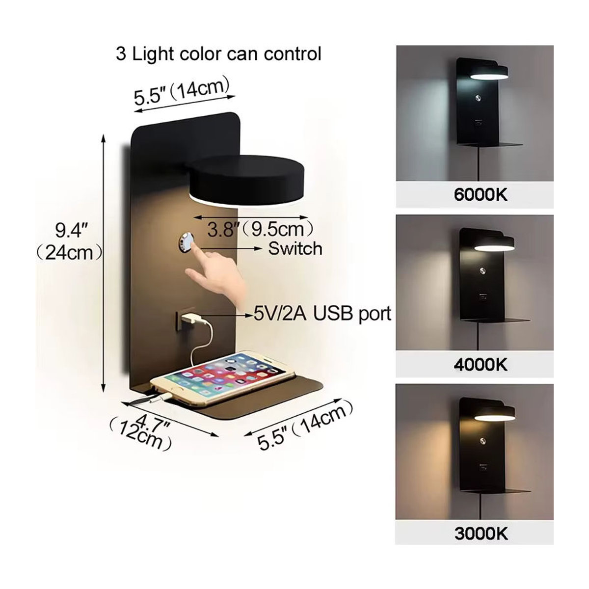 Moderne LED Wandleuchte von Timebus mit 9W und USB-Ladeanschluss in Schwarz oder Weiß - Bild 2