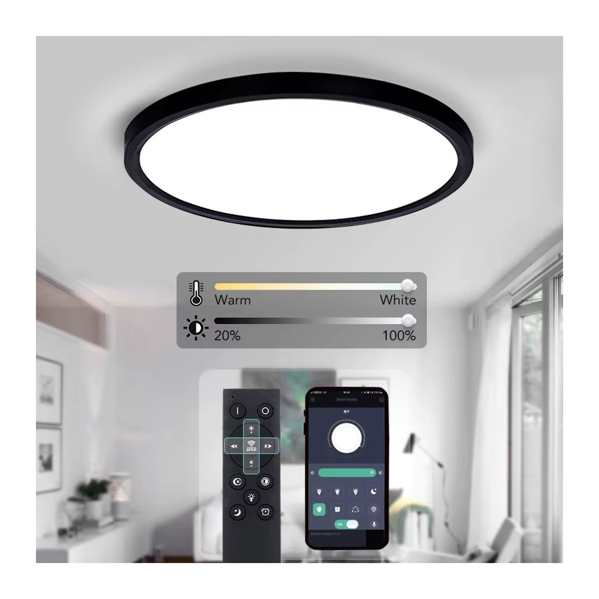 Moderne runde LED-Deckenleuchte von BENEWTON in Schwarz, dimmbar mit Fernbedienung und App-Steuerung, ultradünnes Design für Schlafzimmer, Esszimmer und Küche - Bild 2