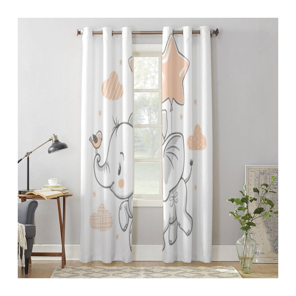 Moderne Stoffvorhänge mit Baby-Elefanten-Motiv von Binchi Outdoor Equipment in Weiß, halbtransparent, Breite: 135 cm, Höhe: 60 cm - Bild 1