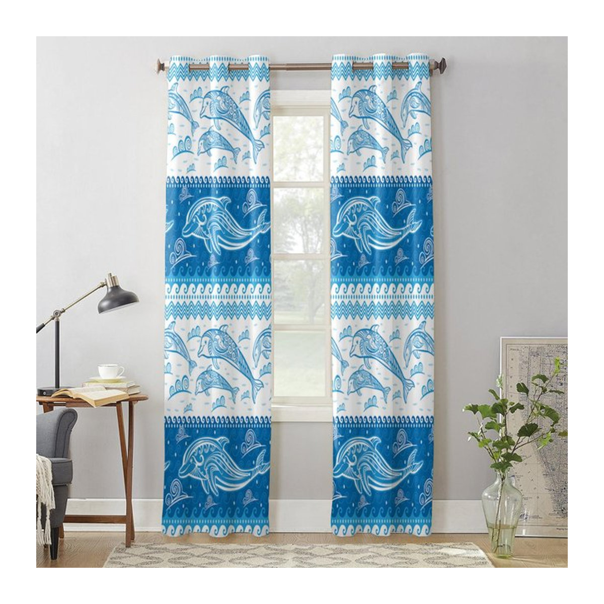Moderne transparente Voile Gardine Sommer Delphin Wellen Textur in Blau für Wohnzimmer Schlafzimmer und Küche, Breite: 135 cm, Höhe: 60 cm - Bild 1