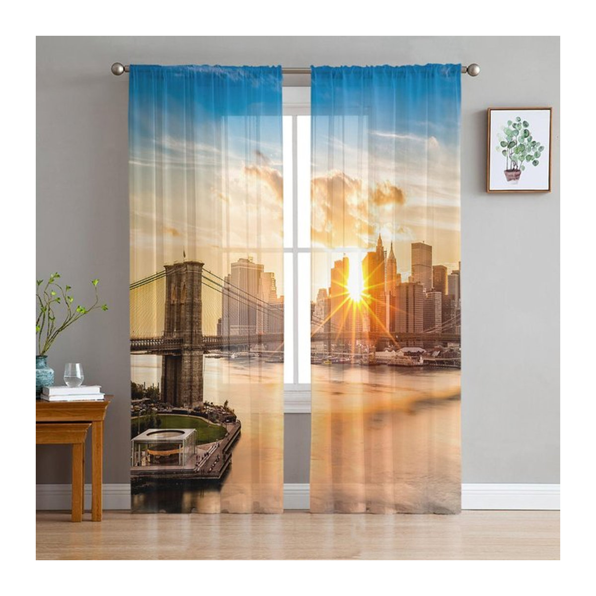 Moderne Tüll Vorhänge mit Stadt Sonnenuntergang und Brücke Motiv für Wohnzimmer und Schlafzimmer von A Family Of Home Textiles, Breite: 135 cm, Höhe: 114 cm - Bild 1