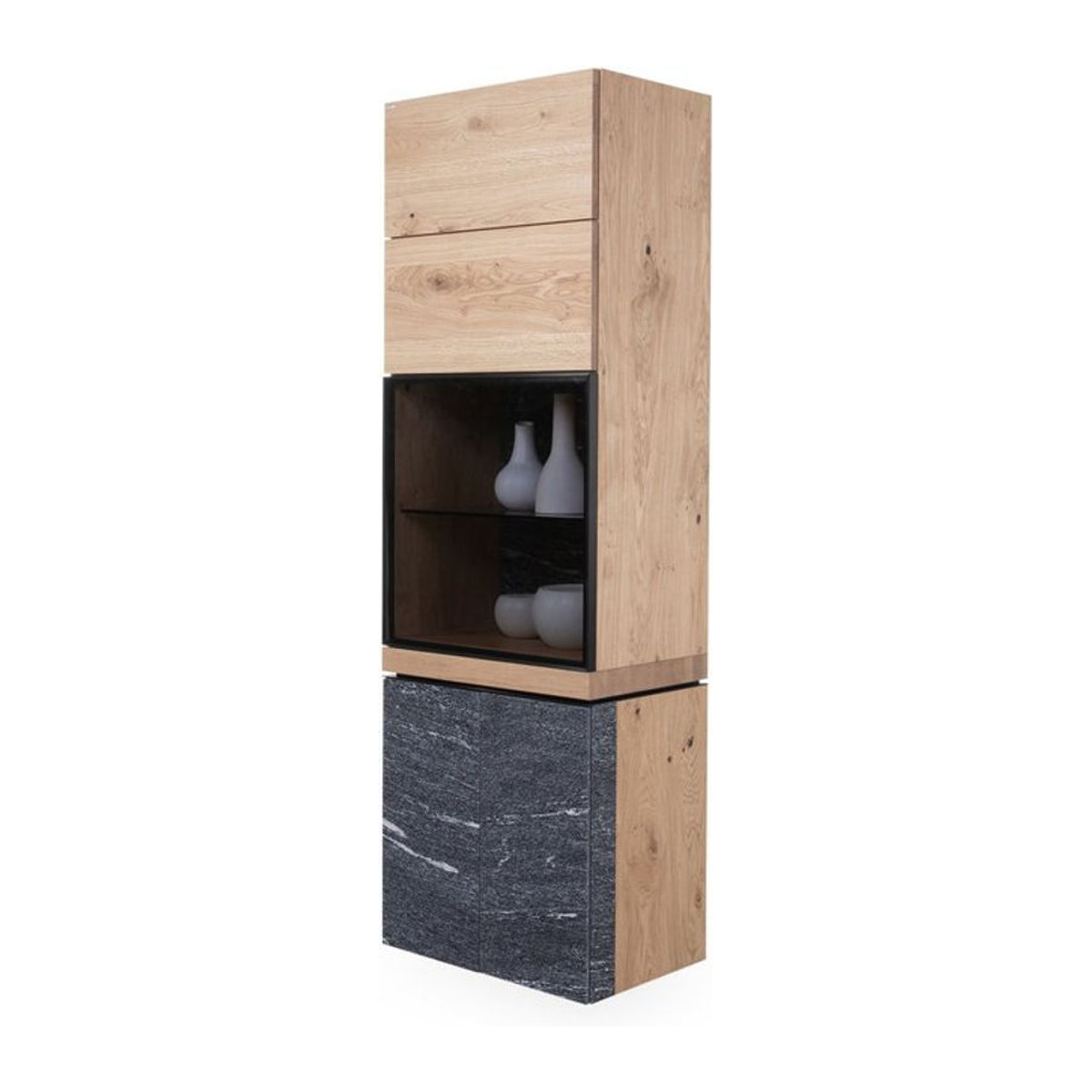 Moderne Vitrine VOGLAUER VROCK in Braun mit Eiche, Granit und Glas, B/T/H: 202 x 64 x 43 cm - Bild 1