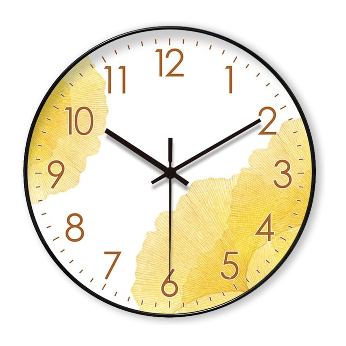 Moderne Wanduhr mit gelbem Ginkgo-Blatt-Design, runde analoge Wanduhr für Wohnzimmer und Schlafzimmer, geräuschlos - Bild 1