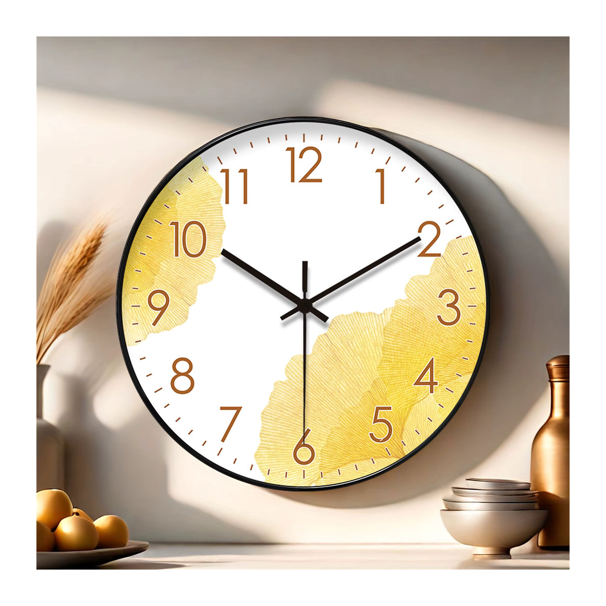 Moderne Wanduhr mit gelbem Ginkgo-Blatt-Design, runde analoge Wanduhr für Wohnzimmer und Schlafzimmer, geräuschlos - Bild 2