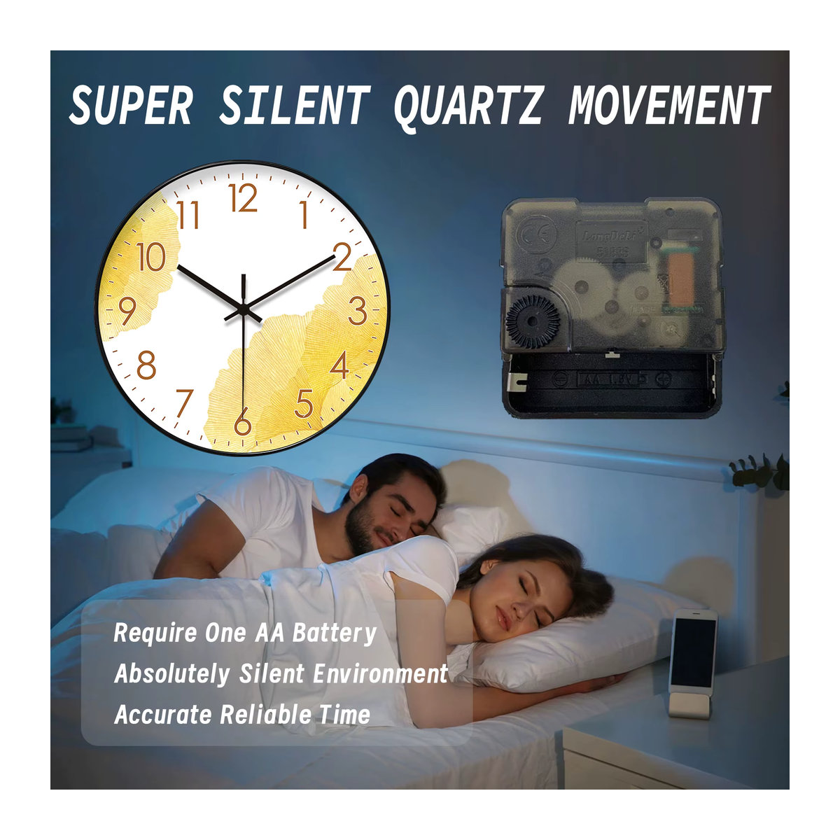 Moderne Wanduhr mit gelbem Ginkgo-Blatt-Design, runde analoge Wanduhr für Wohnzimmer und Schlafzimmer, geräuschlos - Bild 3