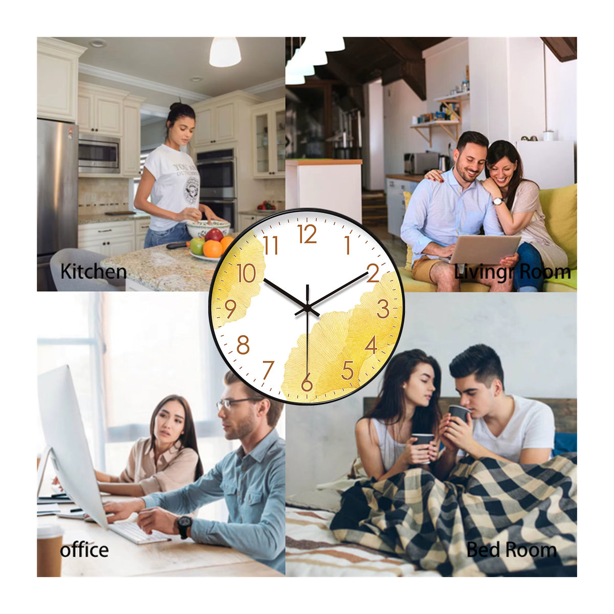Moderne Wanduhr mit gelbem Ginkgo-Blatt-Design, runde analoge Wanduhr für Wohnzimmer und Schlafzimmer, geräuschlos - Bild 4