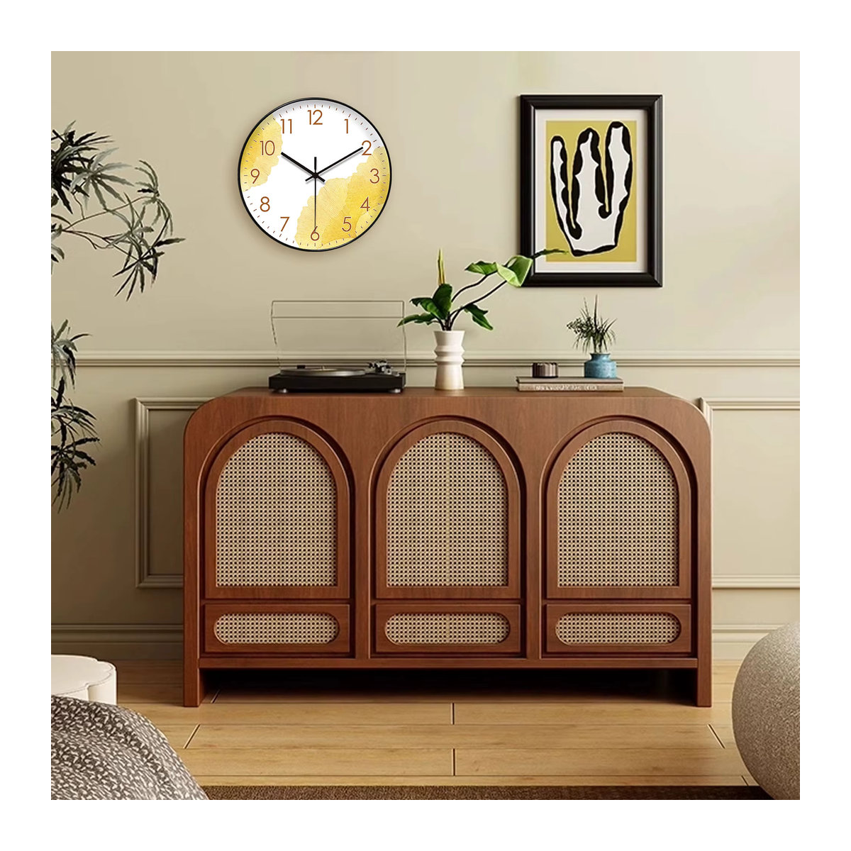 Moderne Wanduhr mit gelbem Ginkgo-Blatt-Design, runde analoge Wanduhr für Wohnzimmer und Schlafzimmer, geräuschlos - Bild 5