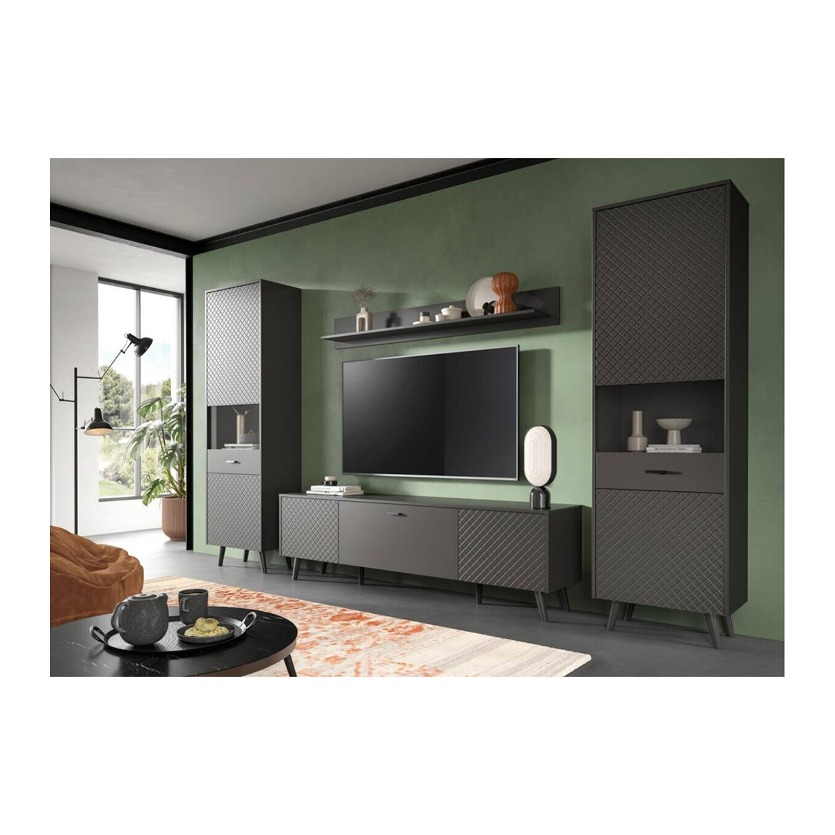 Moderne Wohnwand LINEA von xonox.home in Grau und Schwarz, B/H/T: 331 x 195 x 40 cm - Bild 2